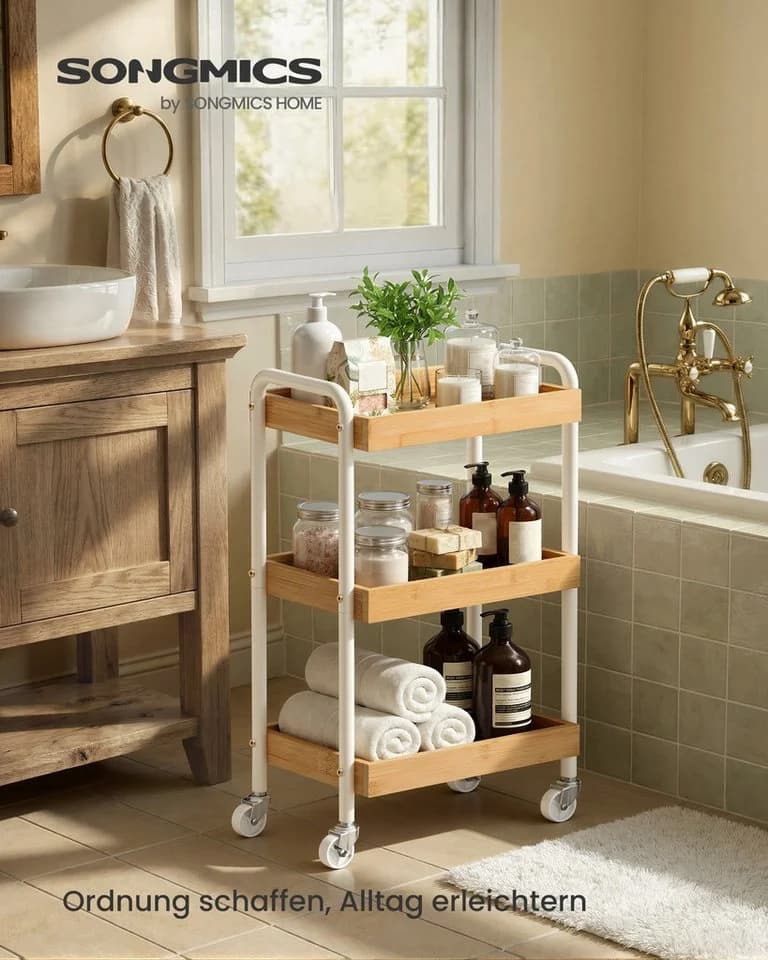 SONGMICS Beistellwagen Bambus Beige Küchenregal mit Griffen
