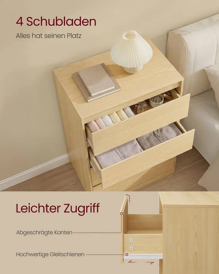 VASAGLE Kommode 4 Schubladen Mandelgelb Moderner Schubladenschrank