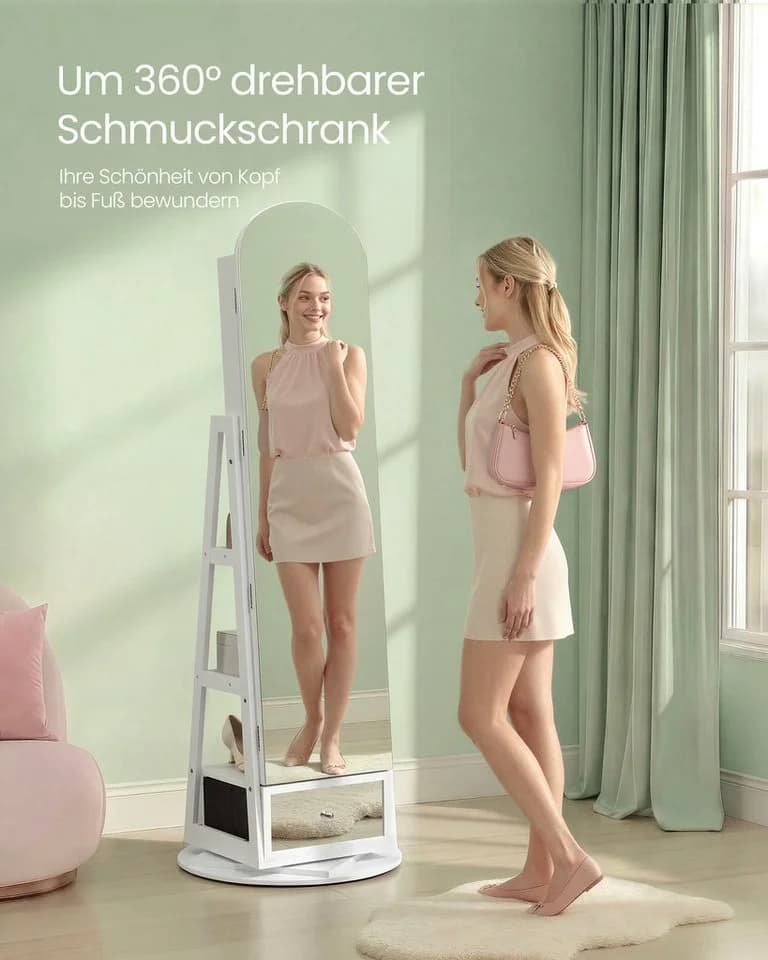 SONGMICS Schmuckschrank 360° drehbar mit LED-Beleuchtung und Ganzkörperspiegel
