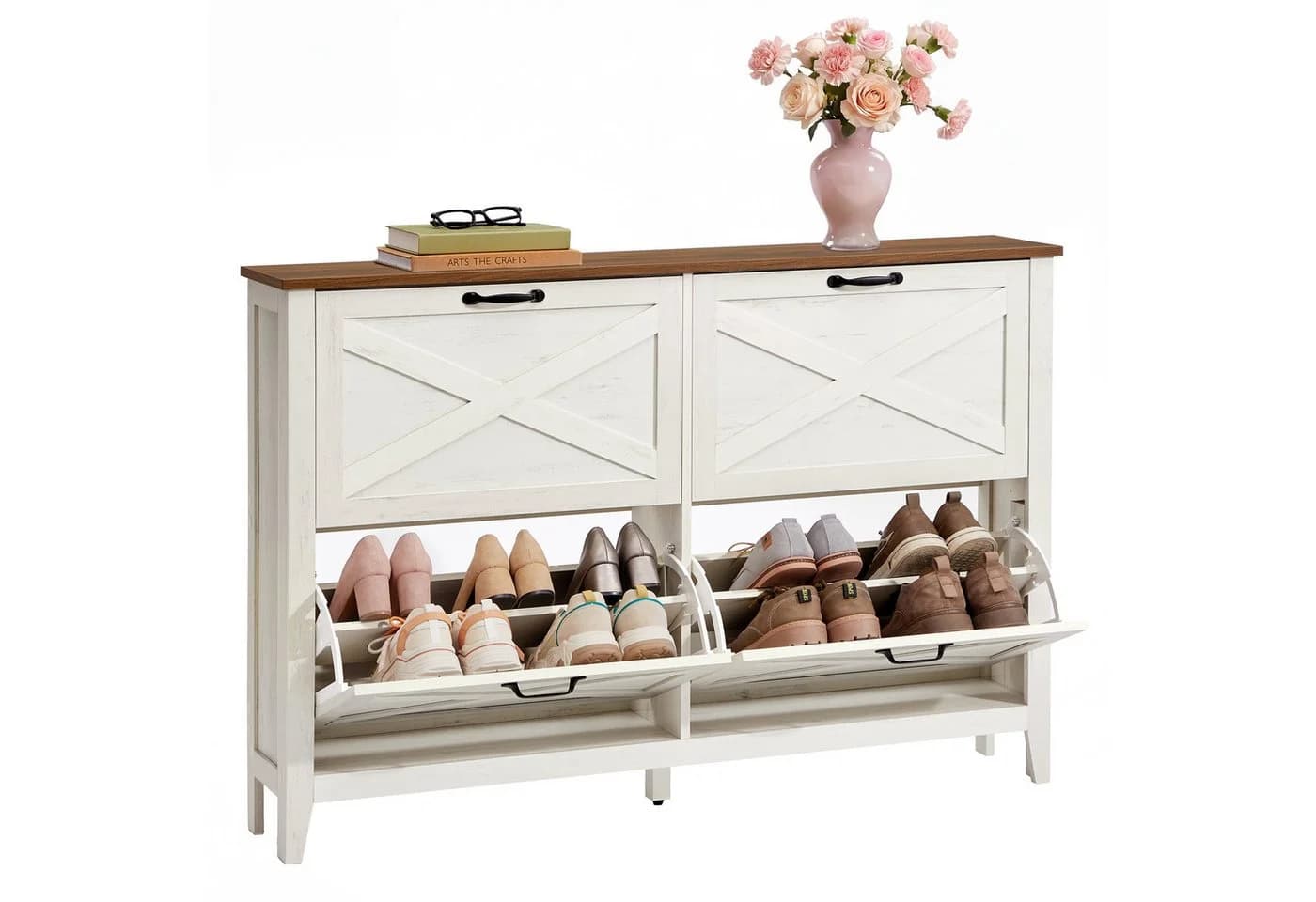 VASAGLE Schuhschrank 4 Klappen Weiß Landhausstil