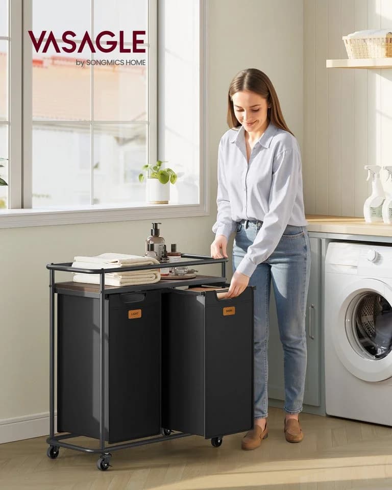 VASAGLE Wäschesortierer mit Rollen 2 Fächer 100L Schwarz-Braun