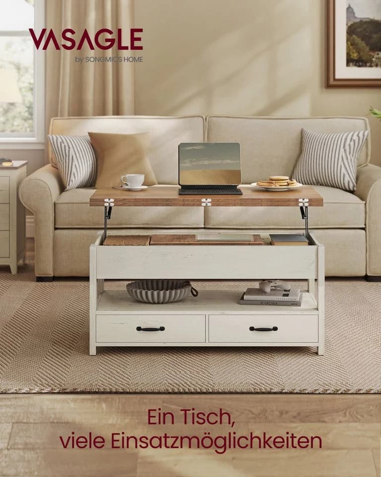 VASAGLE Couchtisch Lift-Top Braun-Weiß mit Schubladen