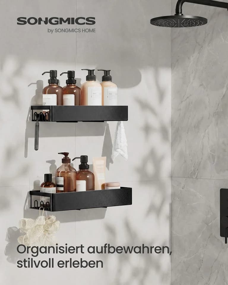 SONGMICS Duschablage Duschregal Schwarz Ohne Bohren Stahl 2er Set