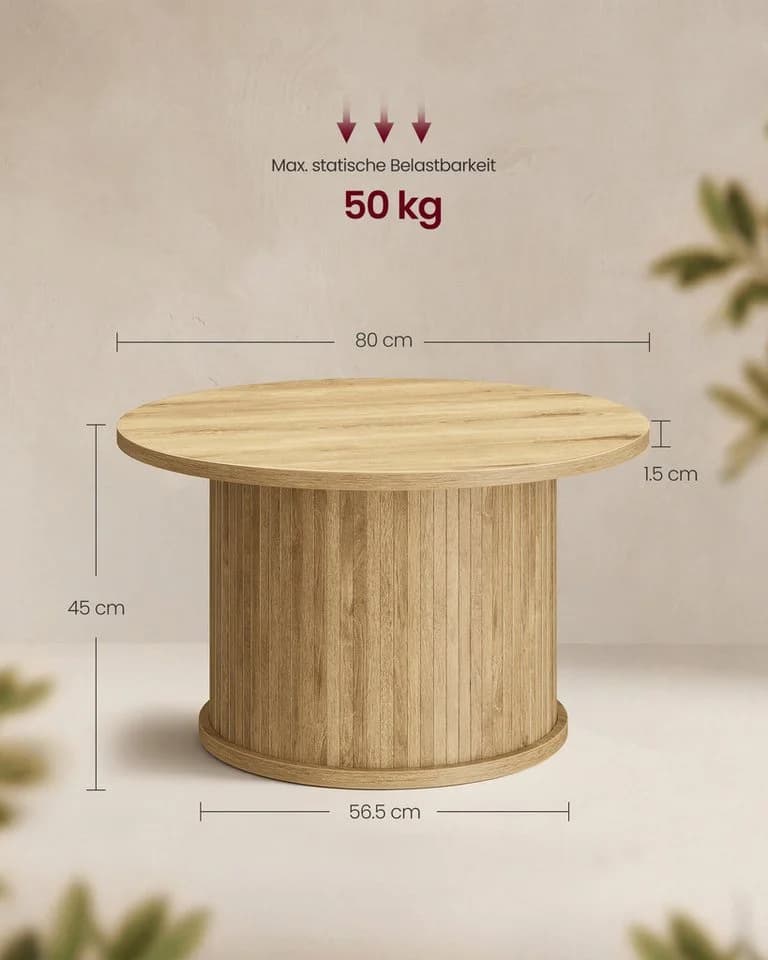 VASAGLE Couchtisch rund Holzoptik Tambour-Design Naturbraun