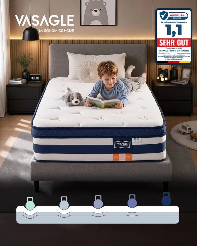 VASAGLE Taschenfederkernmatratze 7-Zonen Gel-Memory-Schaum H3 Blau