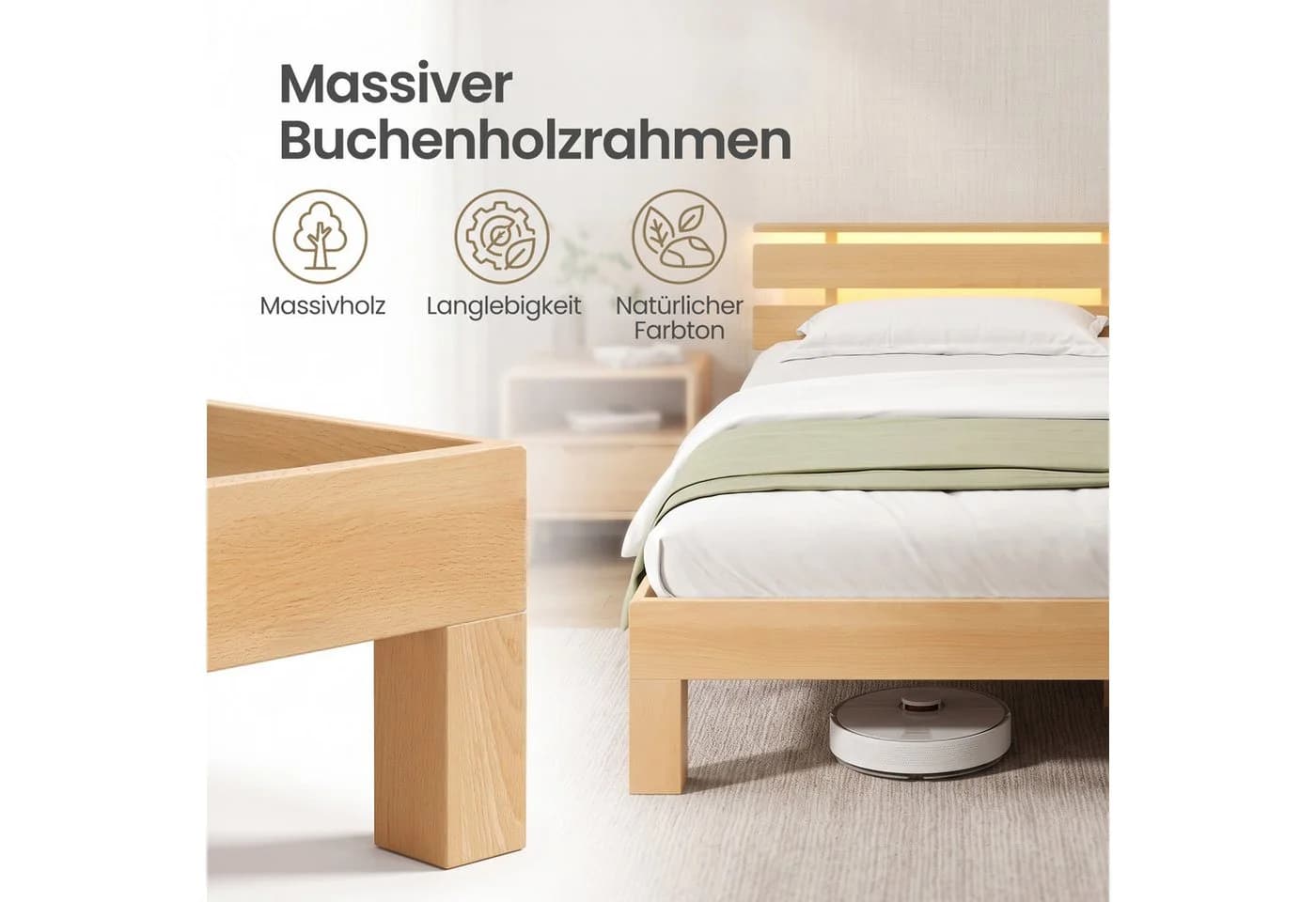 VASAGLE Massivholzbett mit LED, USB & Ablage Naturfarben