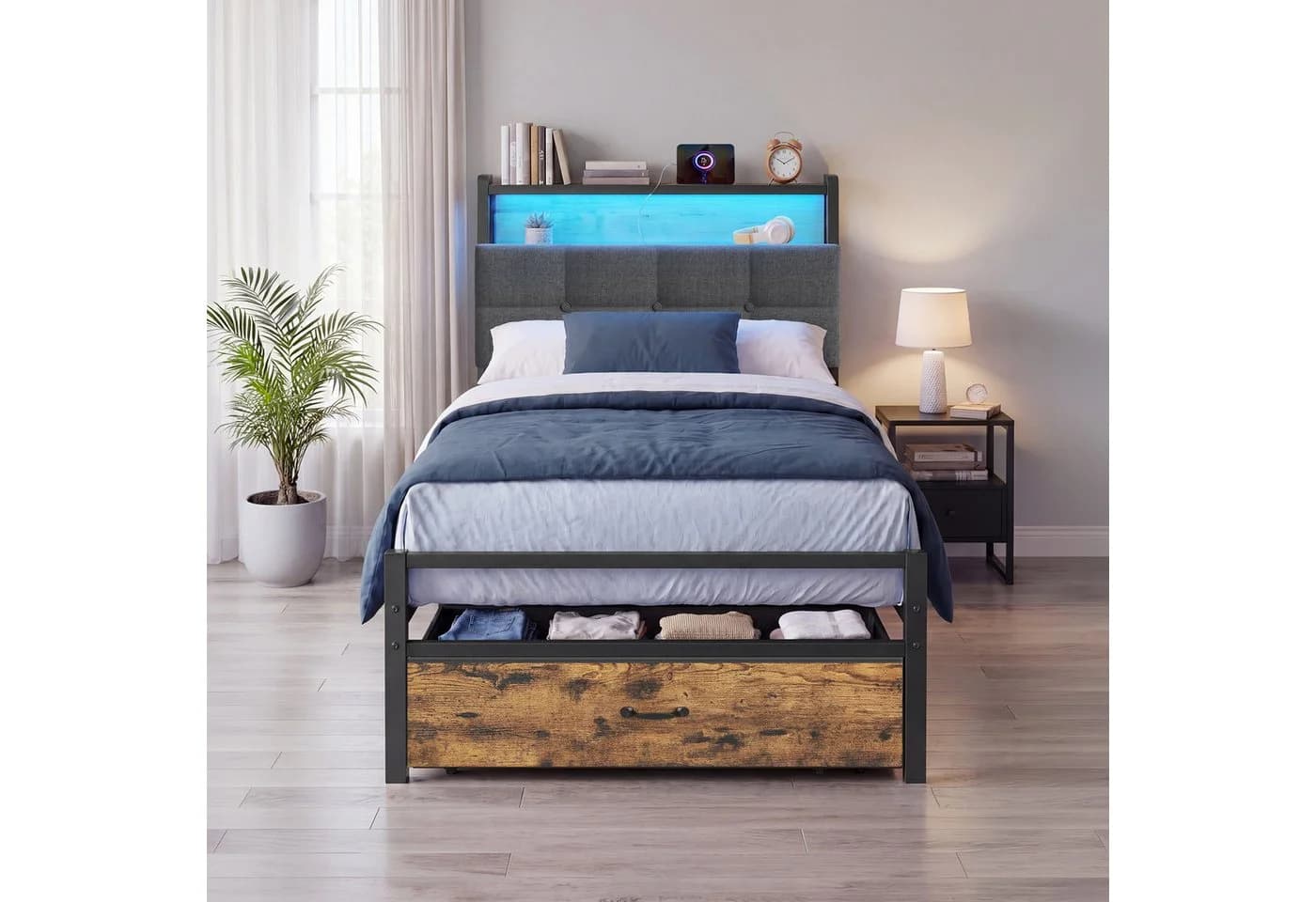 VASAGLE Metallbett mit Stauraum, LED-Beleuchtung und Steckdosen, Schwarz-Braun