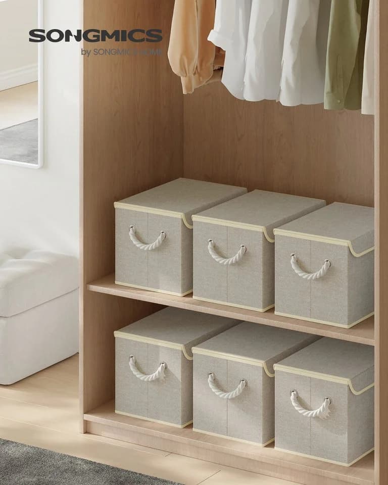 SONGMICS Aufbewahrungsbox mit Deckel 3er Set Beige Vlies