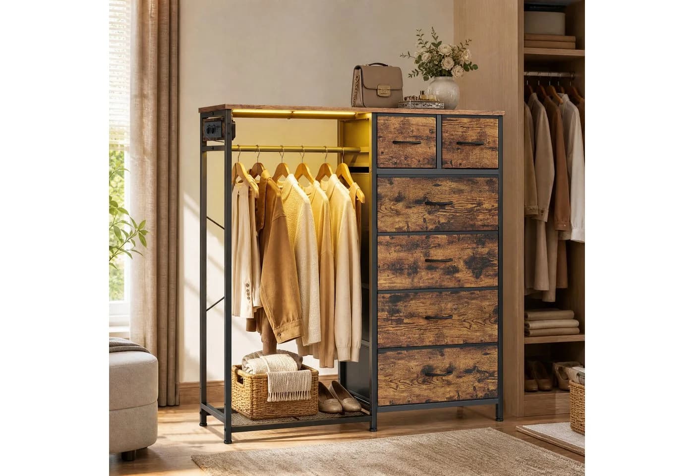 SONGMICS Kleiderständer Vintage-Braun mit Schubladen & LED