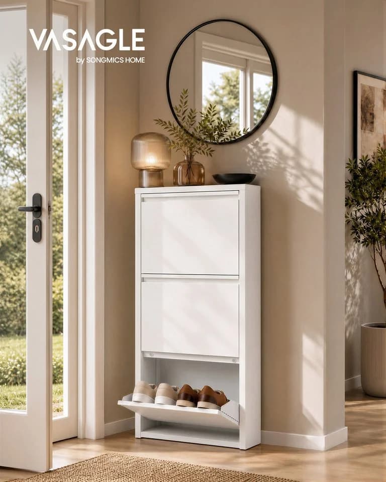 VASAGLE Schuhschrank 3 Klappen Weiß Stahl