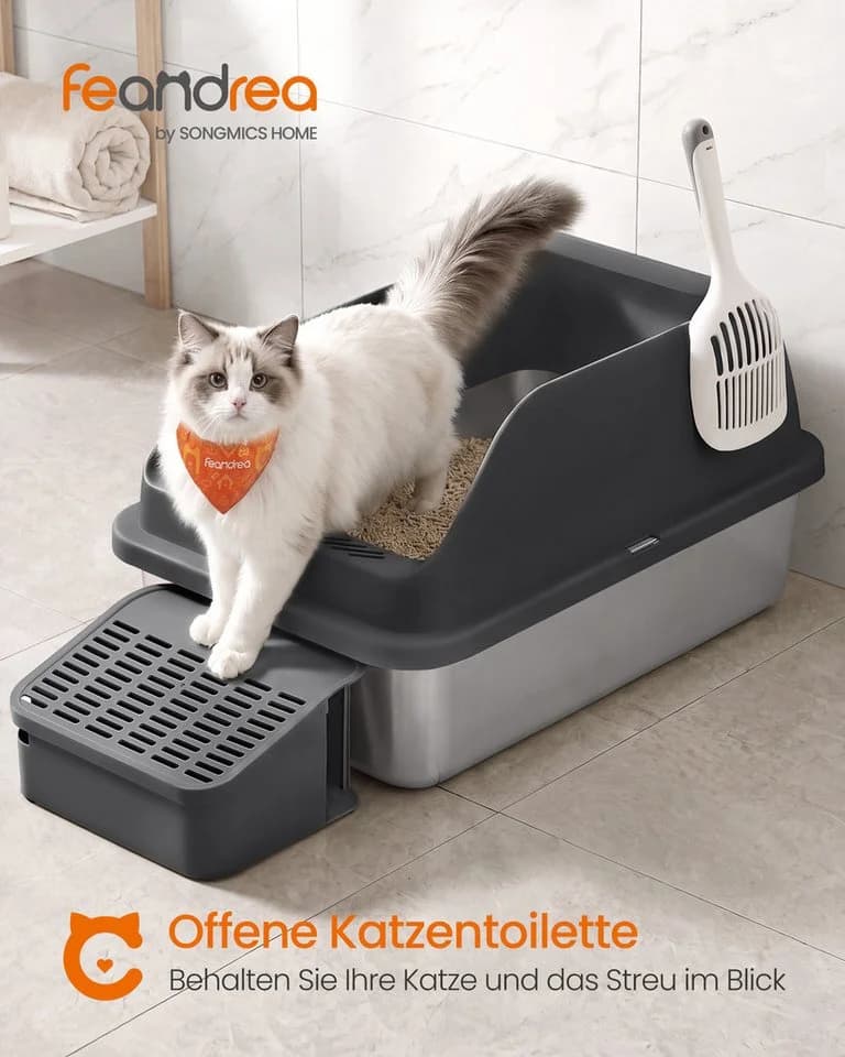 FEANDREA Katzentoilette Edelstahl Schwarz mit hohen Seitenwänden