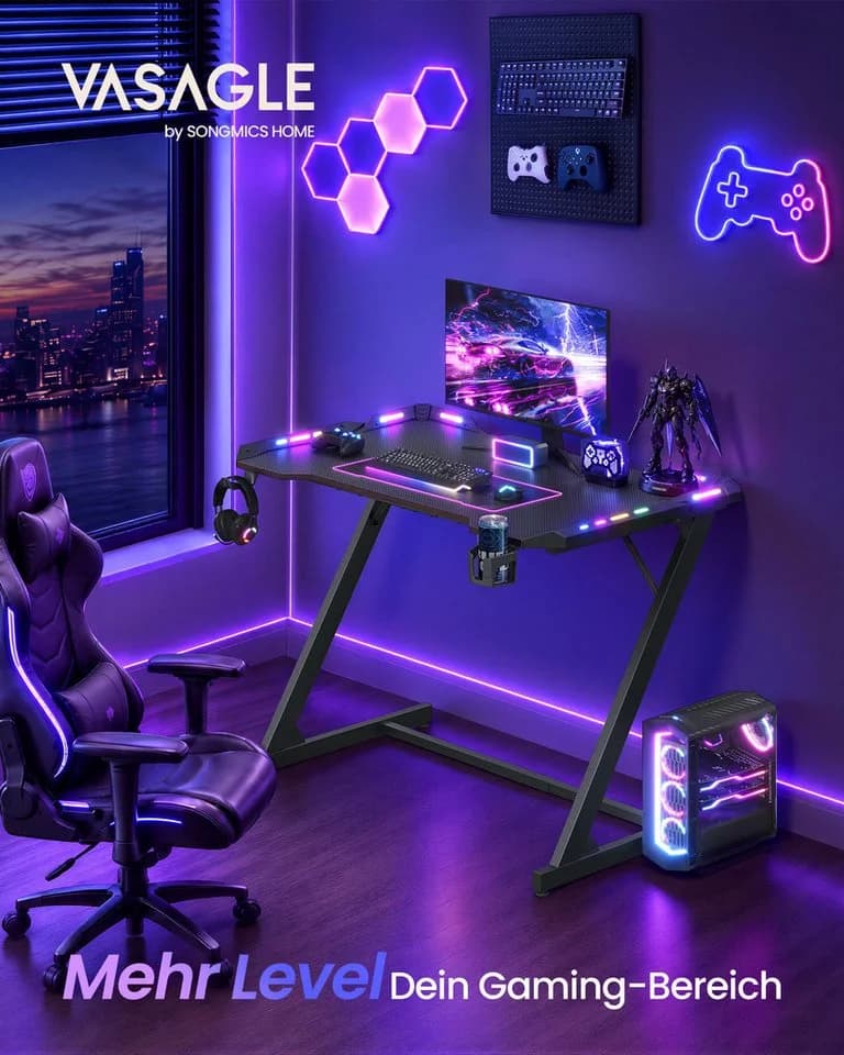 VASAGLE Gaming Tisch mit RGB Beleuchtung und Getränkehalter