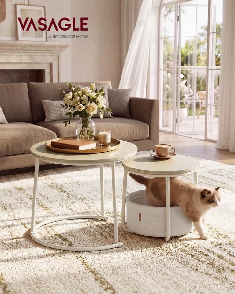 VASAGLE Couchtisch 2er Set rund Mattweiß/Beige mit Stauraum