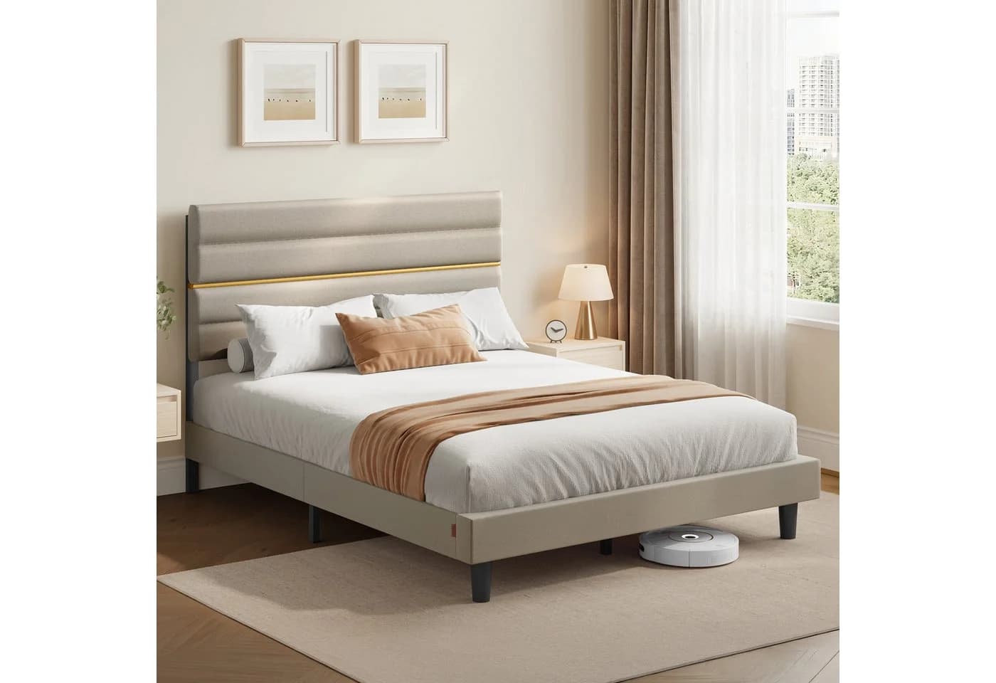 VASAGLE Polsterbett mit Matratze Set Beige/Blau Stauraum