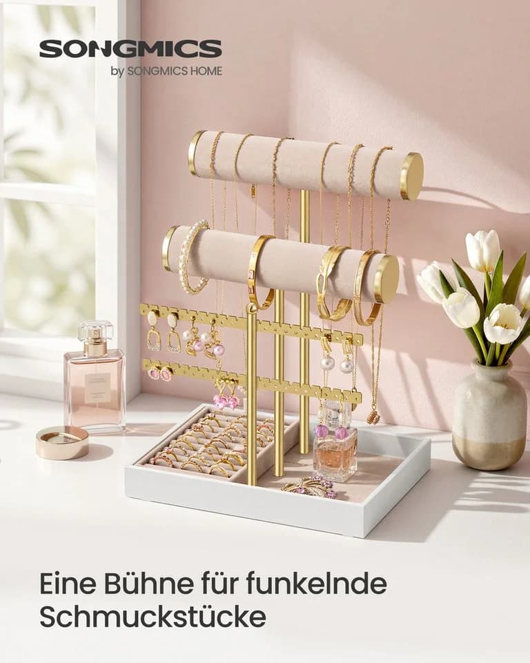 SONGMICS Schmuckständer Gold-Beige mit Samt-Tablett & abnehmbarem Ringhalter