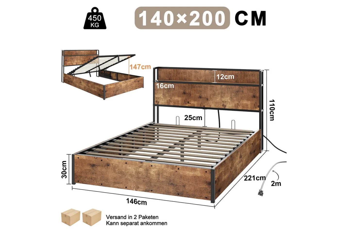 AMERLIFE Doppelbett mit Stauraum und USB-Anschlüssen Industrial Design