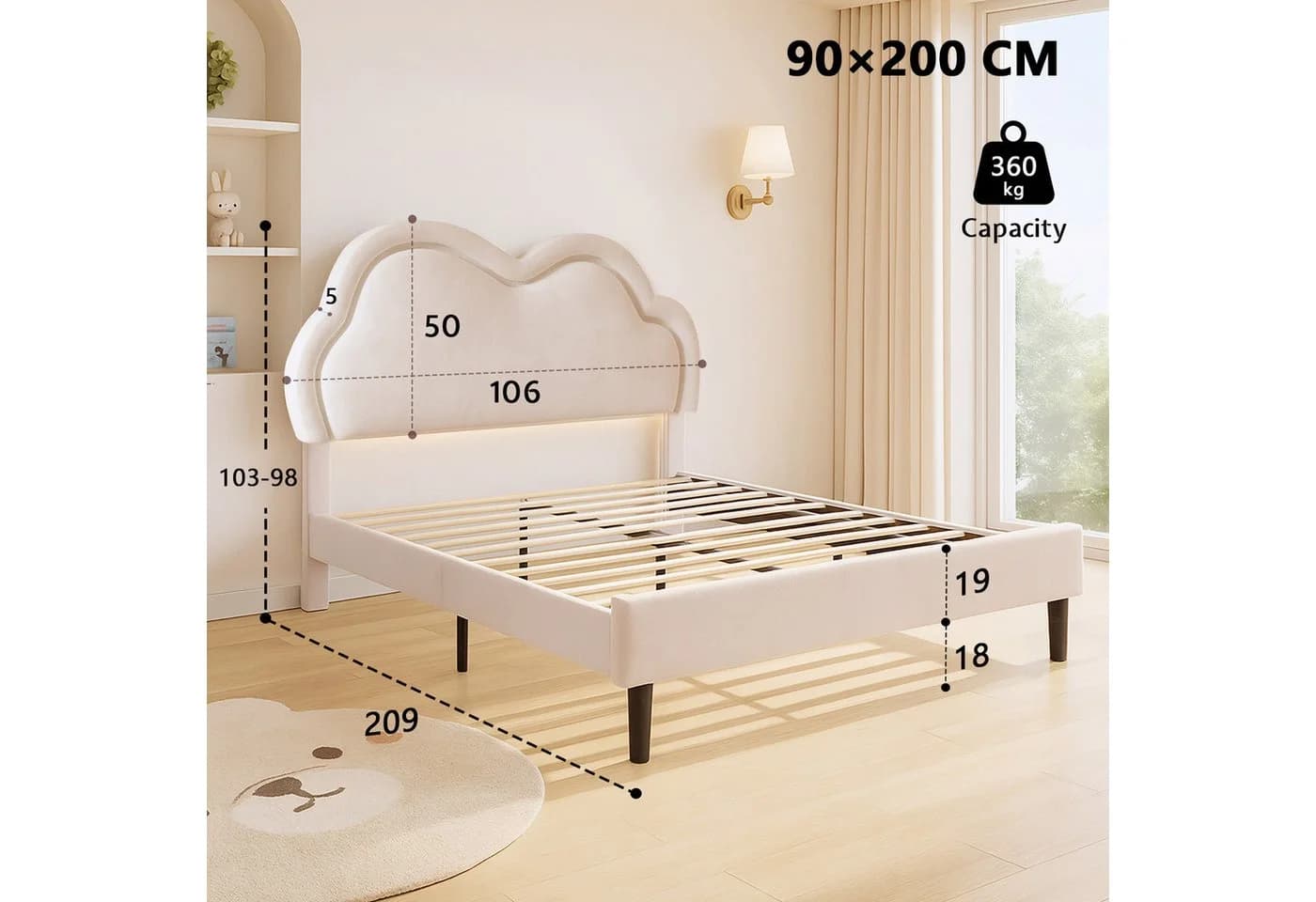AMERLIFE Kinderbett Jugendbett Rosa Samt-Optik LED Wolken-Kopfteil