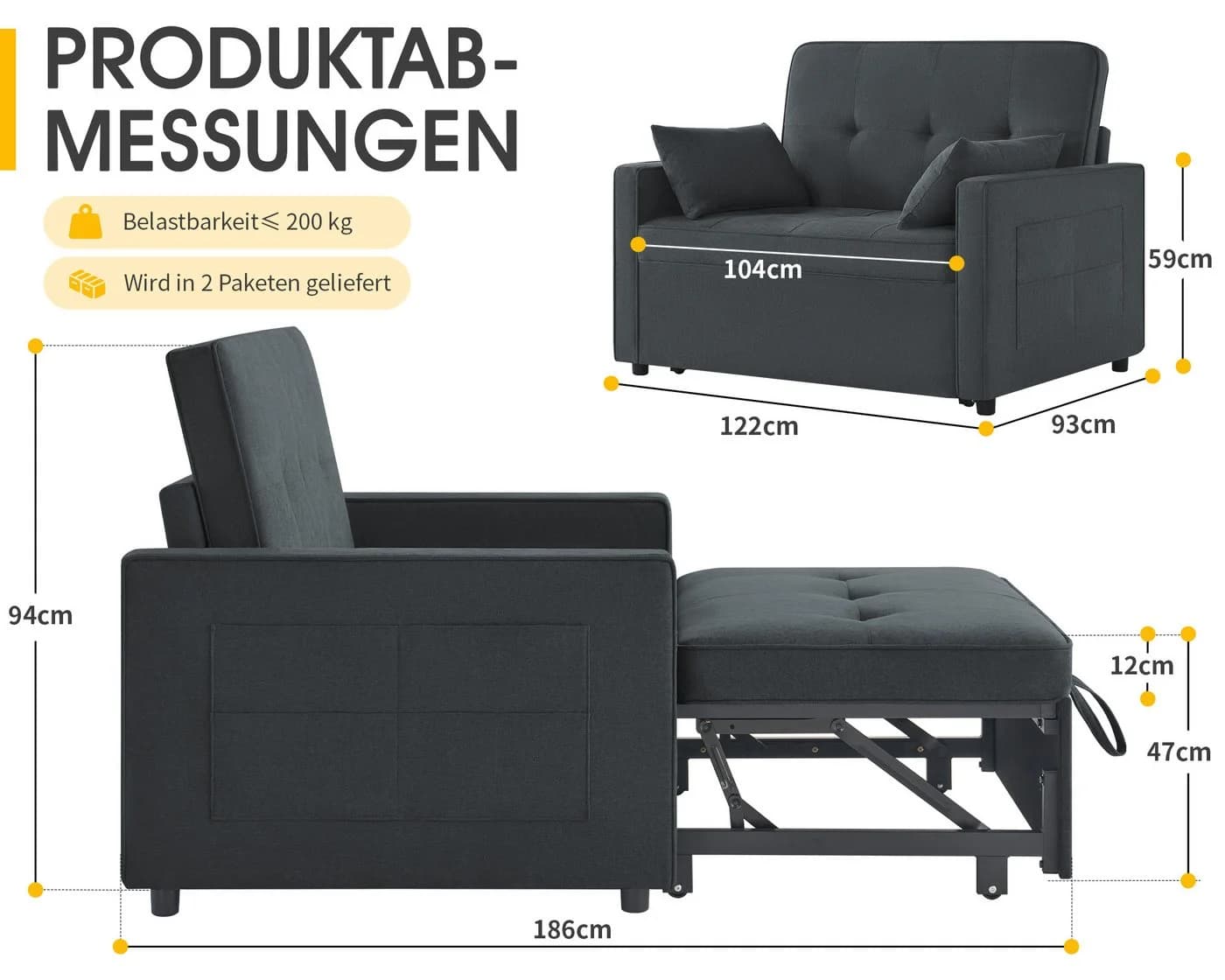 AMERLIFE Schlafsofa 3-in-1 mit Bettfunktion & Seitentaschen