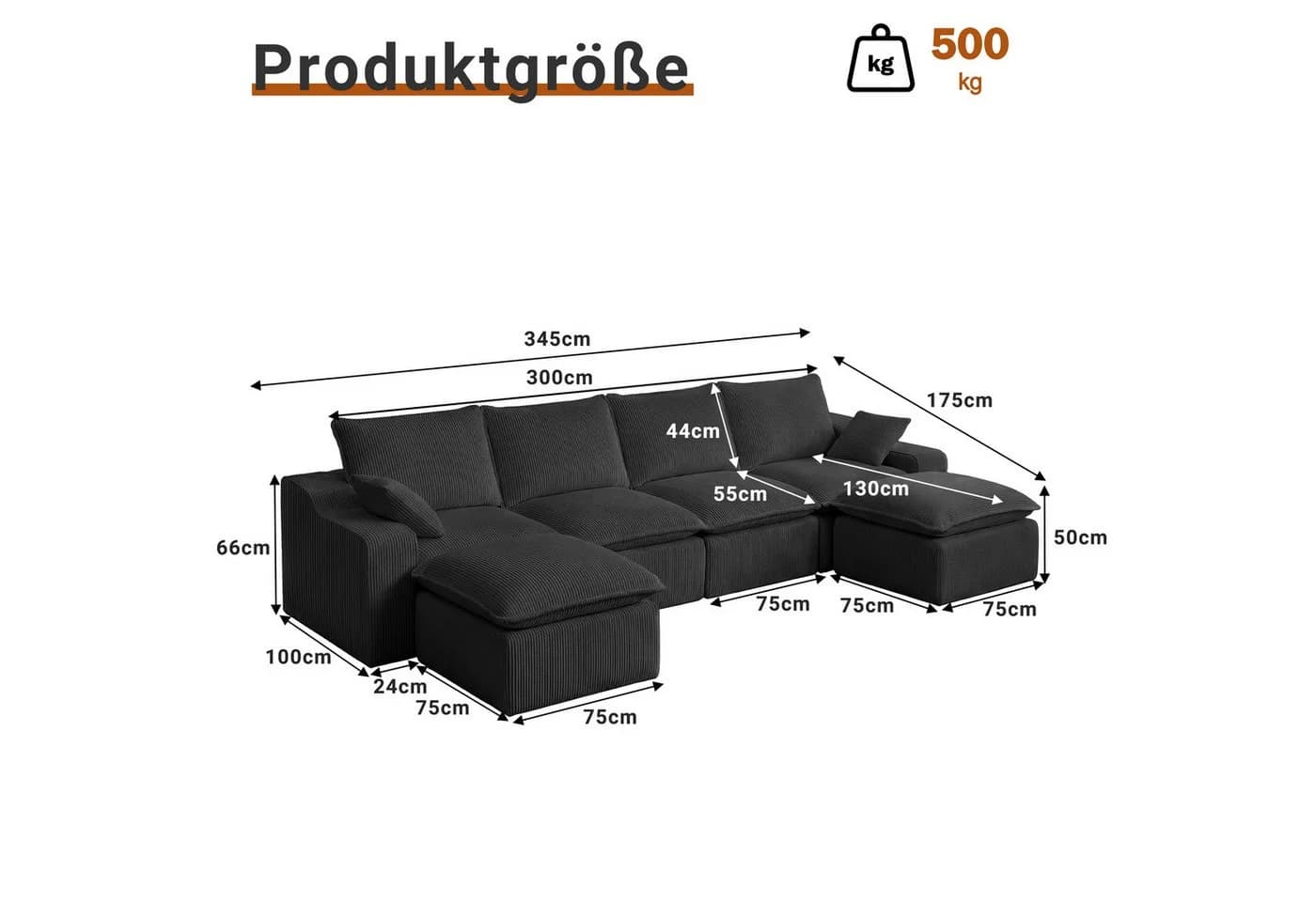 Vipbear Modulares Cordsofa mit Hocker, Grau, U-Form Schlafsofa