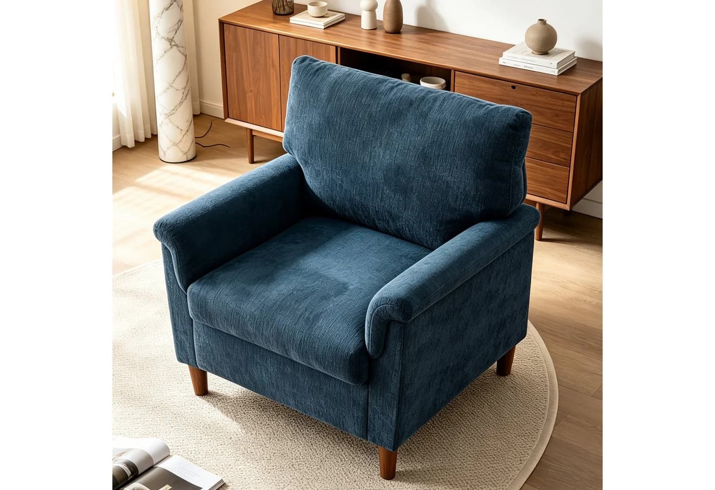 Vipbear Loungesessel Chenille blau mit Massivholzrahmen