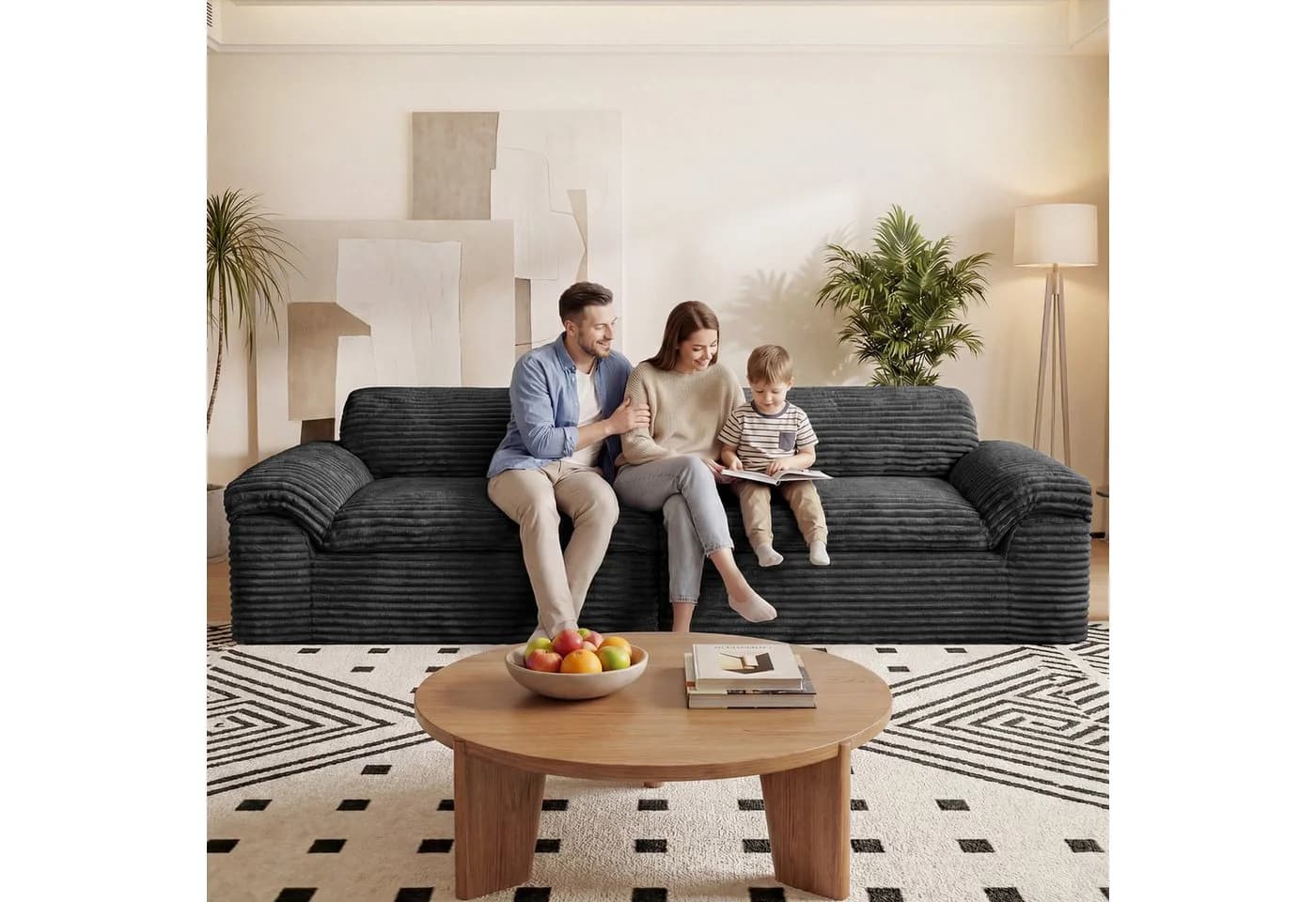 Vesgantti Big-Sofa 3-Sitzer Cord Couch Schwarz Boneless