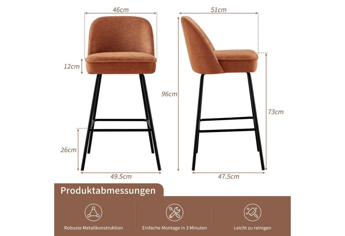 JYMTOM Barhocker Aragon Orange mit Federkern und Metallbeinen