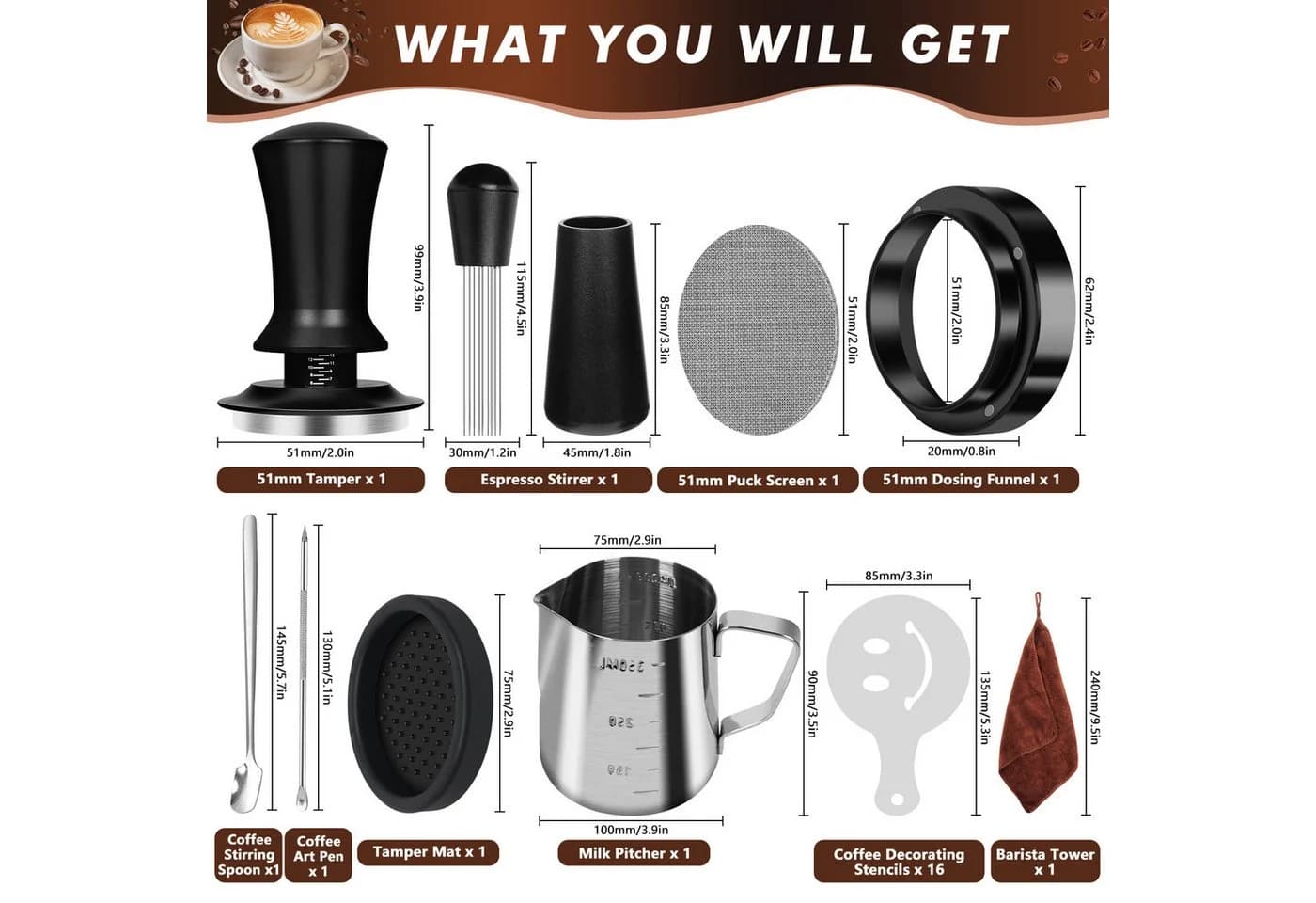 OSTWOLKE Tamper Set 51mm 25-teilig Barista Zubehör Espresso