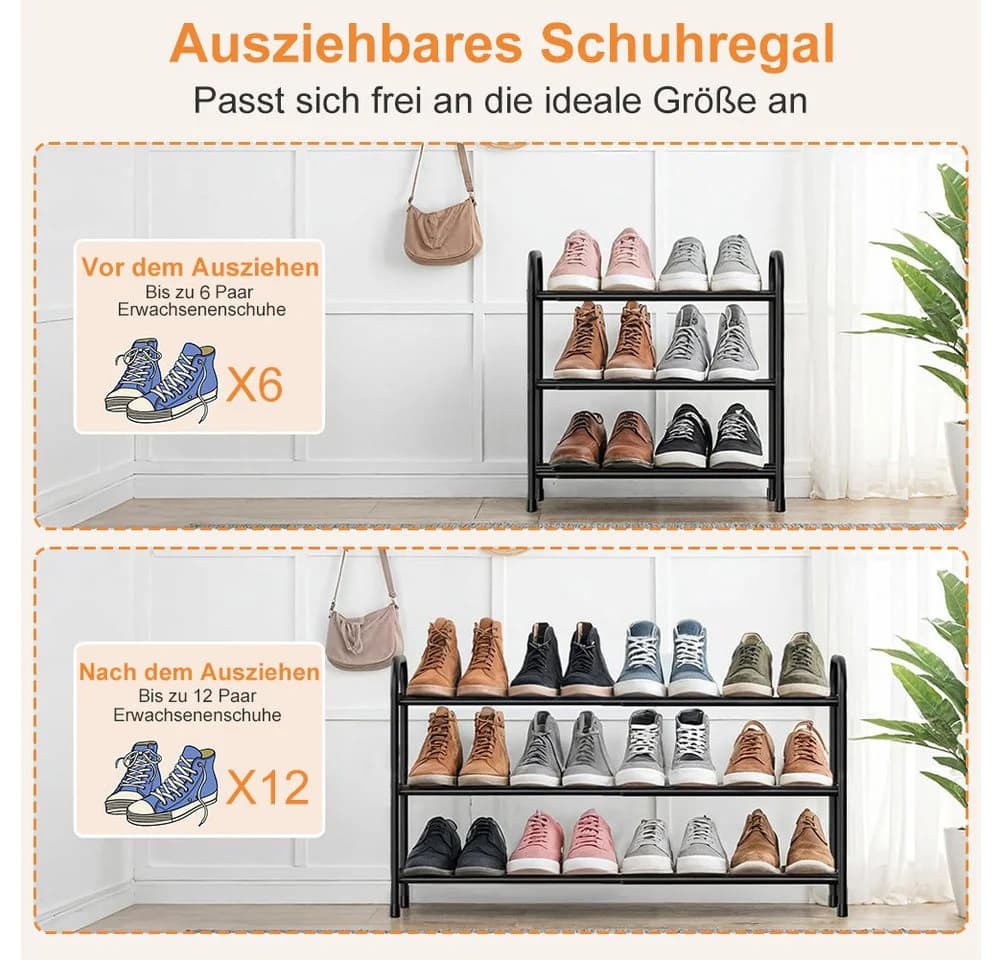 OSTWOLKE Schuhregal Expandable 3 Ebenen Metall Schwarz