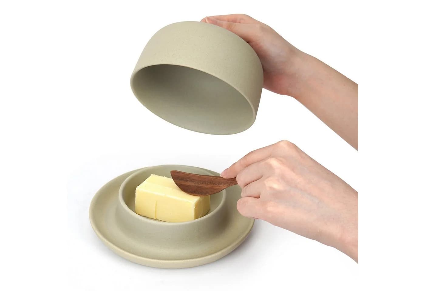 OSTWOLKE Butterdose aus Keramik mit Deckel und Holzbuttermesser