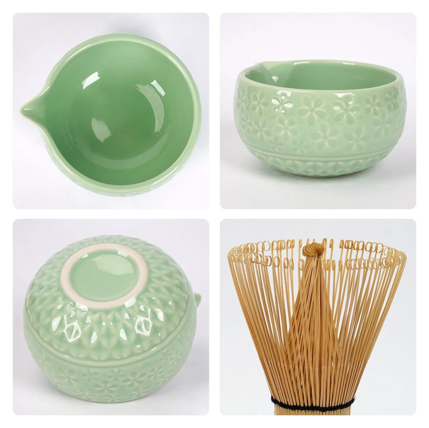 OSTWOLKE Matcha Tee Set 7-teilig Keramik Bambus Besen Schale grün