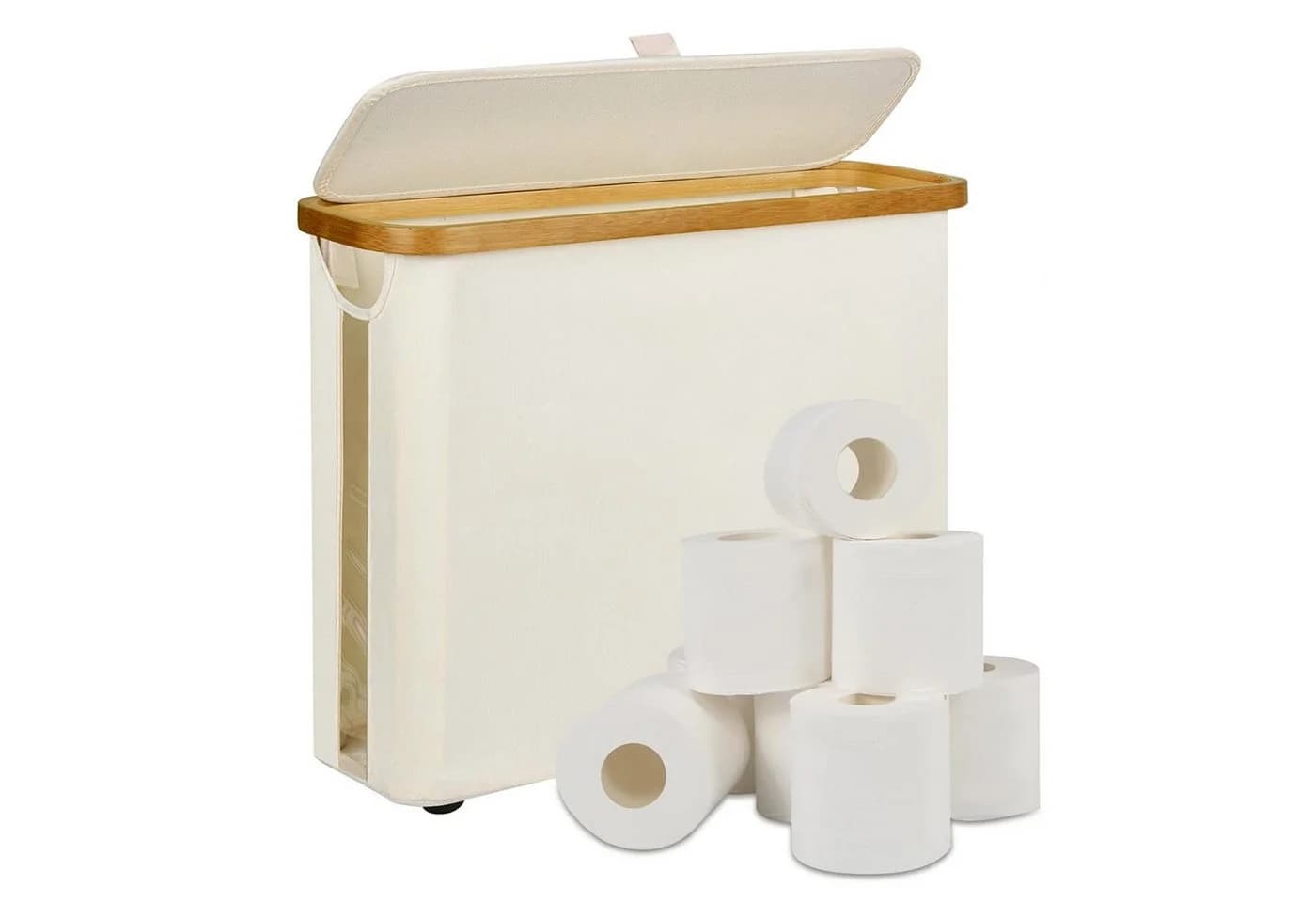 OSTWOLKE Toilettenpapierkorb mit Deckel Bambus Wasserdicht Faltbar Cremeweiß