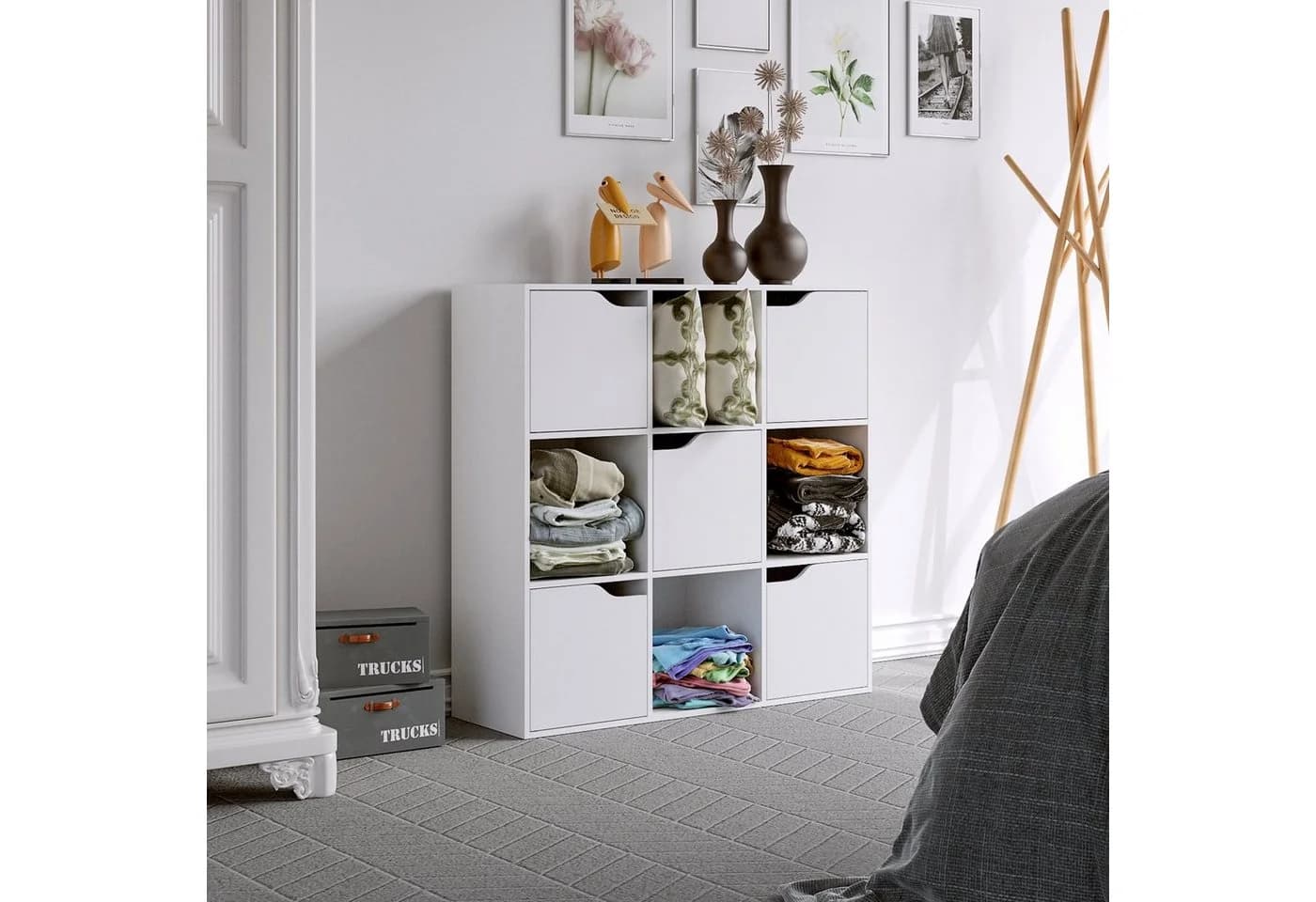 Homfa Bücherregal mit 5 Türen, Standregal Weiß Spanplatte 90x29x90 cm