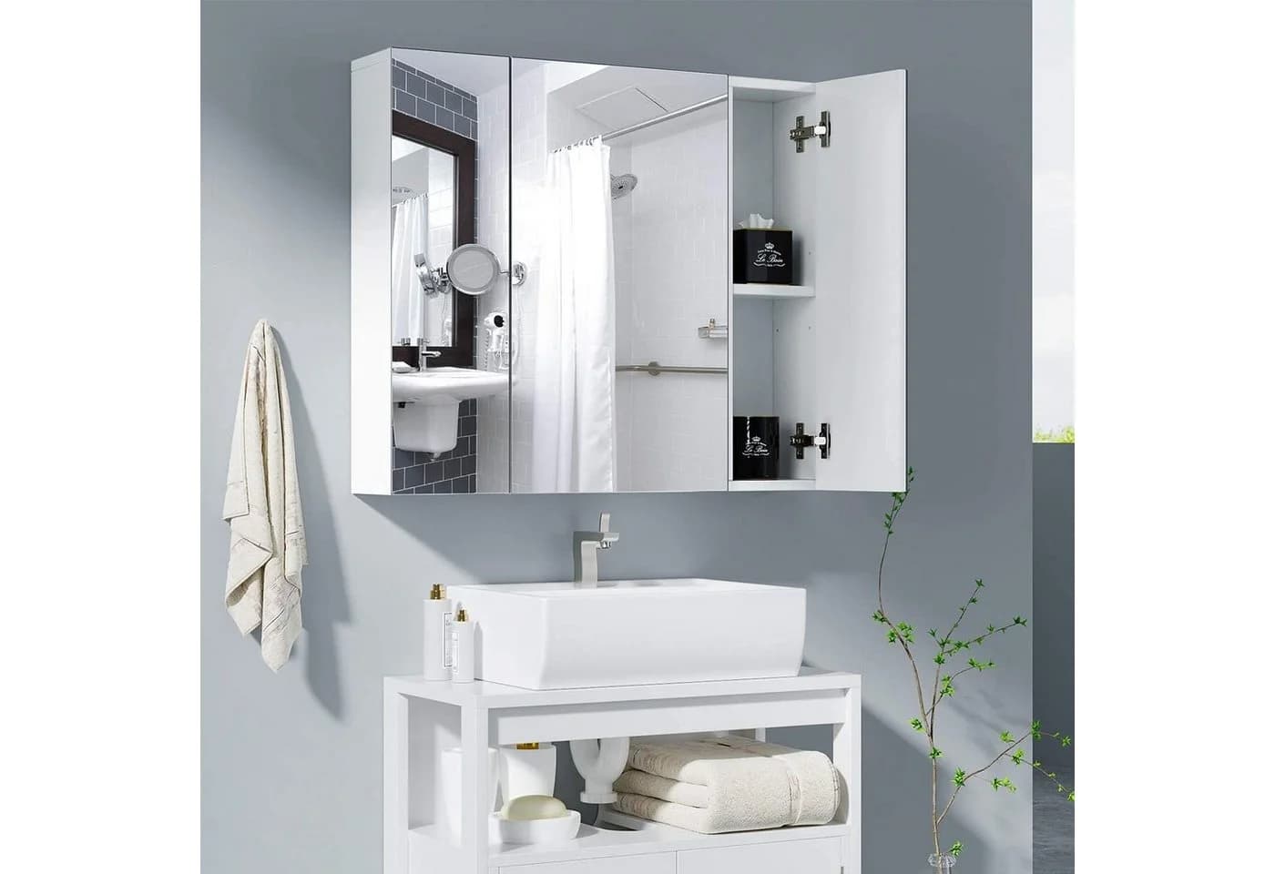 Homfa Spiegelschrank Badezimmerschrank 3 Türen Weiß Holz 70x60x15 cm