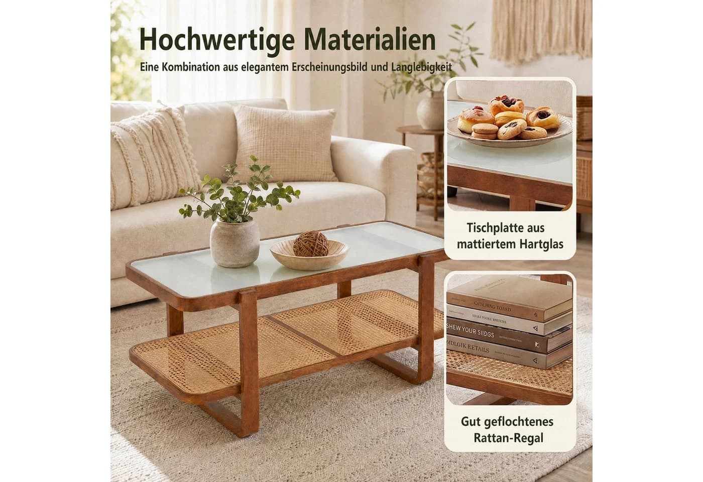 KOMFOTTEU Couchtisch mit Glasplatte & Rattan Ablage Braun
