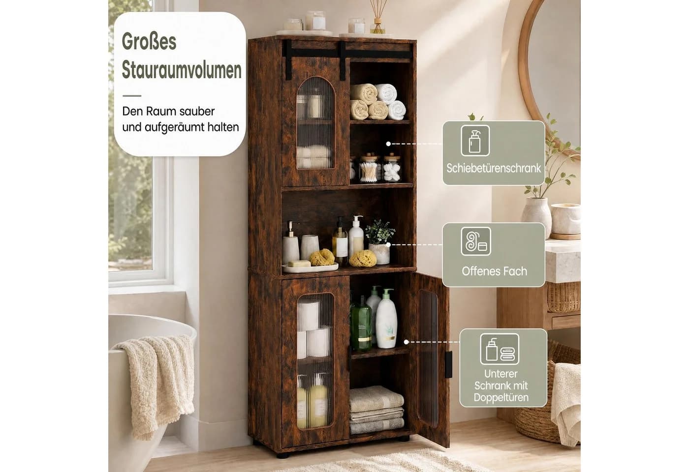 KOMFOTTEU Badkommode mit Schiebetür, Holzwerkstoff, Braun/Schwarz/Grau/Weiß