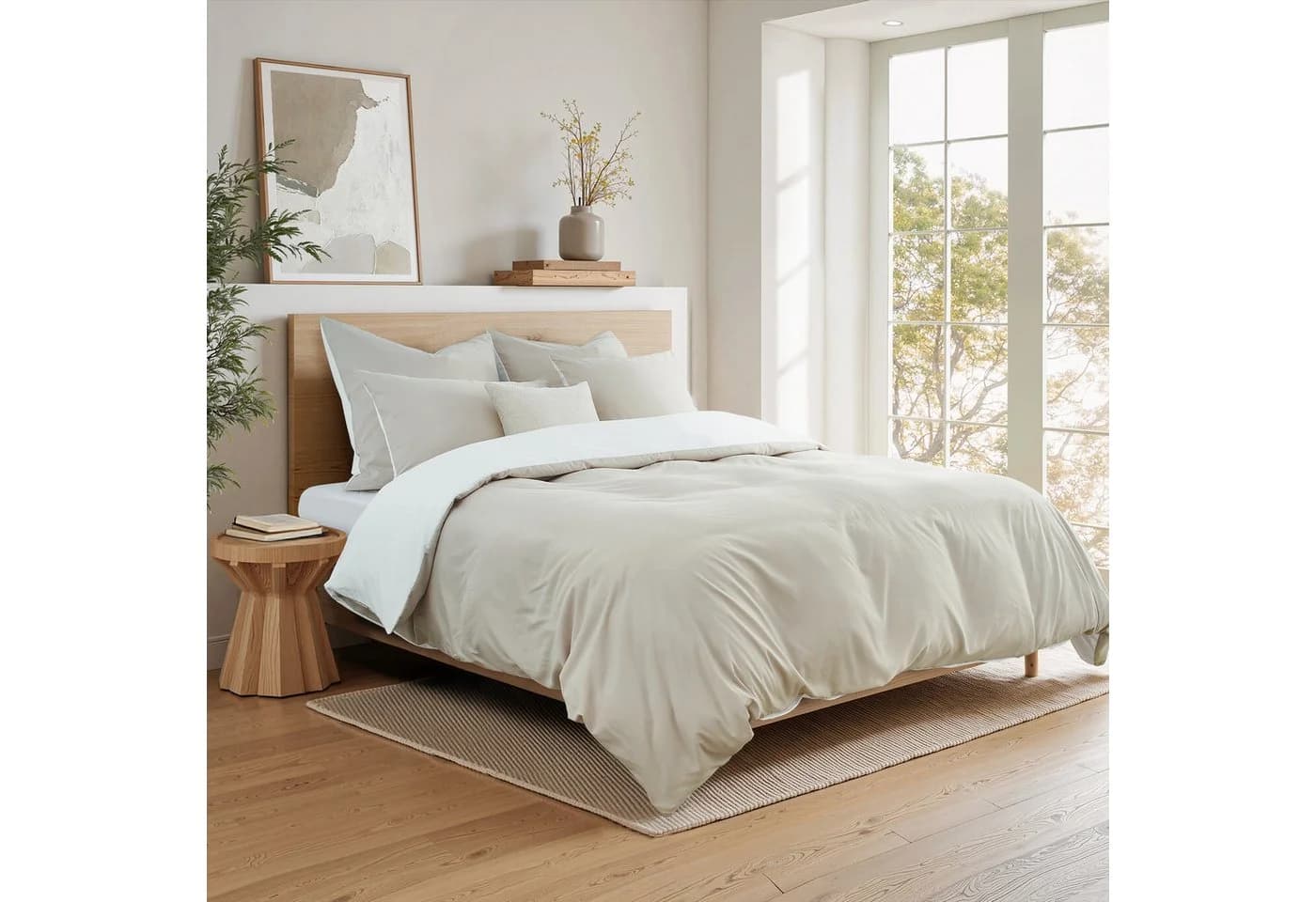 Topfinel Bettwäsche 135x200cm 4-teilig Beige/Weiß Satin Kühlend Bügelfrei