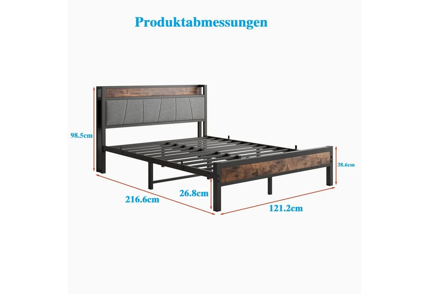 HOMERECOMMEND Metallbett mit 2 USB-Anschlüssen, LED Beleuchtung, Vintage Braun + Schwarz, 120x200cm