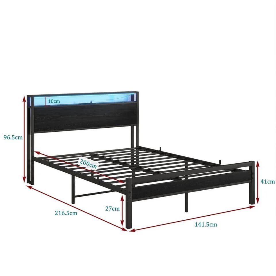 HOMERECOMMEND Metallbett mit Ladestation und LED-Beleuchtung Vintage Schwarz