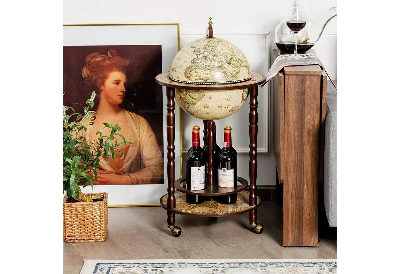 COSTWAY Weinregal Globusbar Servierwagen mit Rollen Hellbraun Massivholz