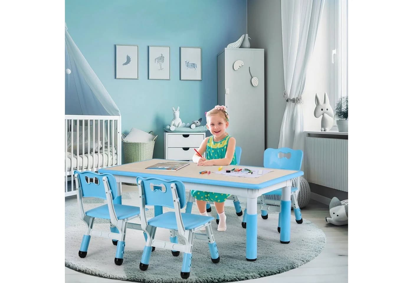 TLGREEN Kindersitzgruppe Plastik Kindermöbel 5-tlg. Kindertisch mit 4 Stühlen Höhenverstellbar