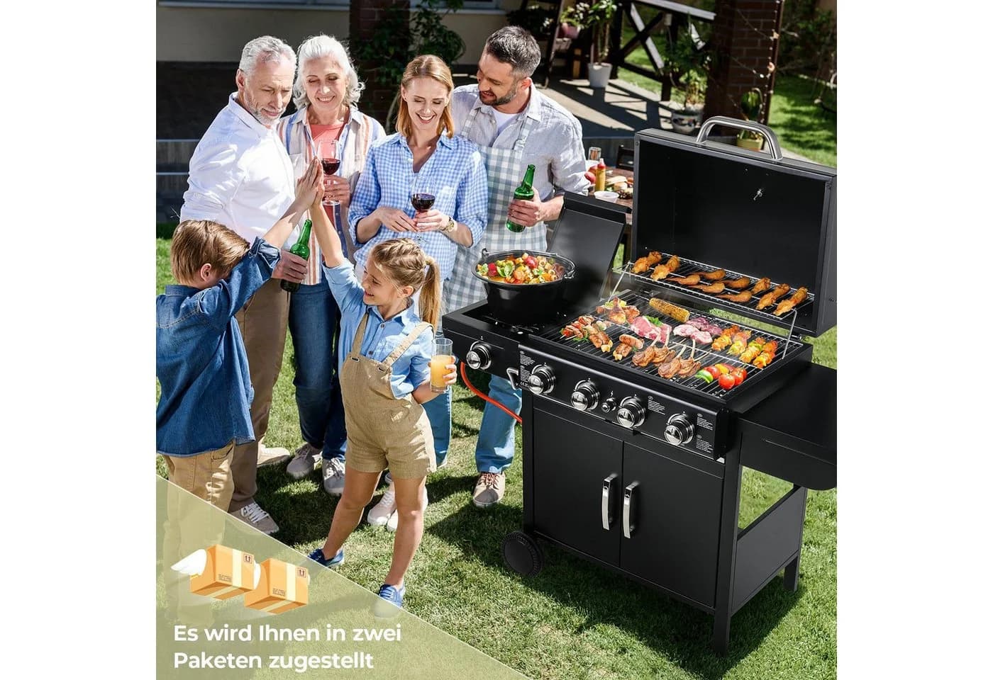 TLGREEN Gasgrill 4+1 Brenner Edelstahl Schwarz mit Piezozündung