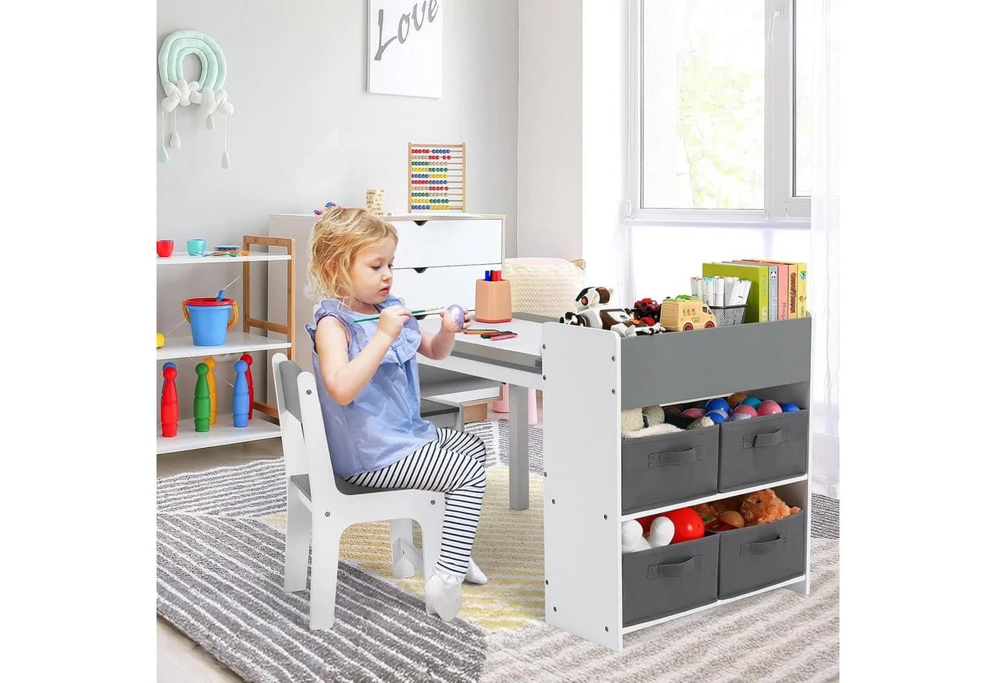 TLGREEN Zeichentisch mit 2 Stühlen Grau MDF
