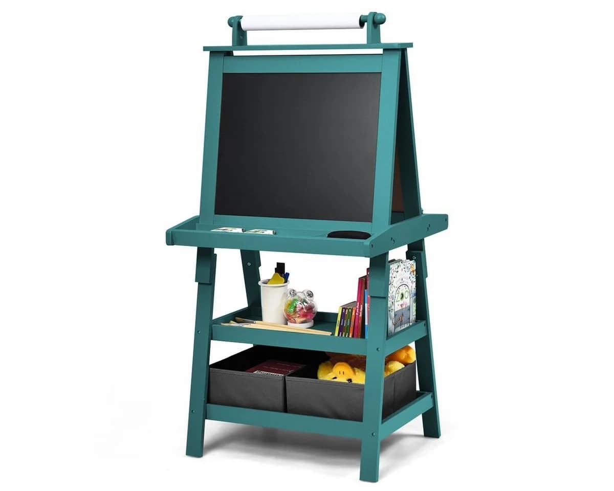 COSTWAY Kinder Staffelei Blau Doppelseitig mit Magneten & 2 Boxen