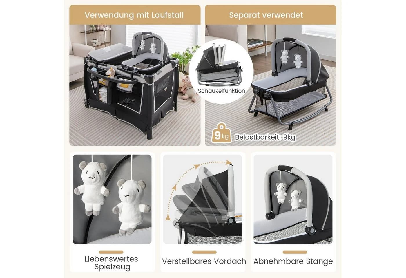 COSTWAY Baby-Reisebett Faltbar mit Spielbügel & Musikbox