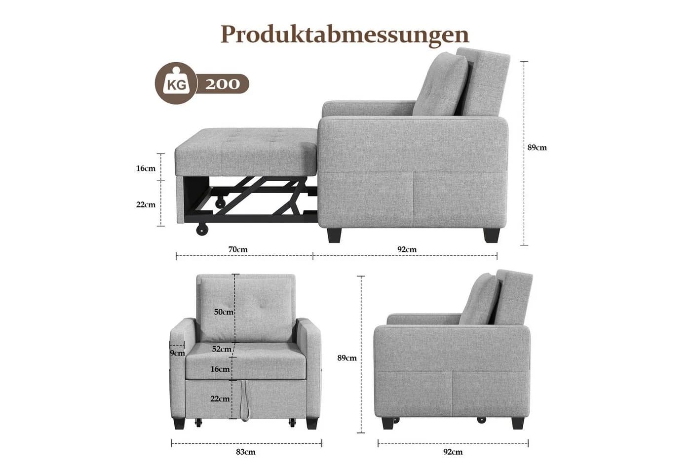 OUNUO Schlafsofa Klein 3 in 1 Klappsofa mit Bettfunktion Hellgrau