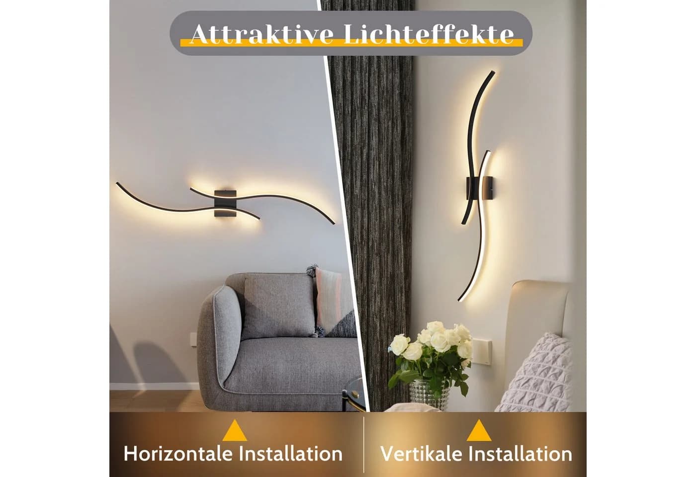 Nettlife LED Wandleuchte 100CM Schwarz 14W 3000K Modern Welle Design