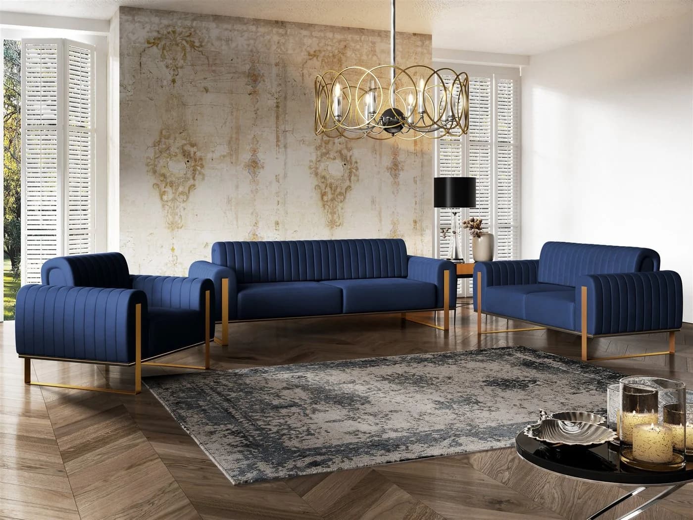 Fun Möbel Sofaset VALERIE 3-2-1 Dunkelblau Stoff