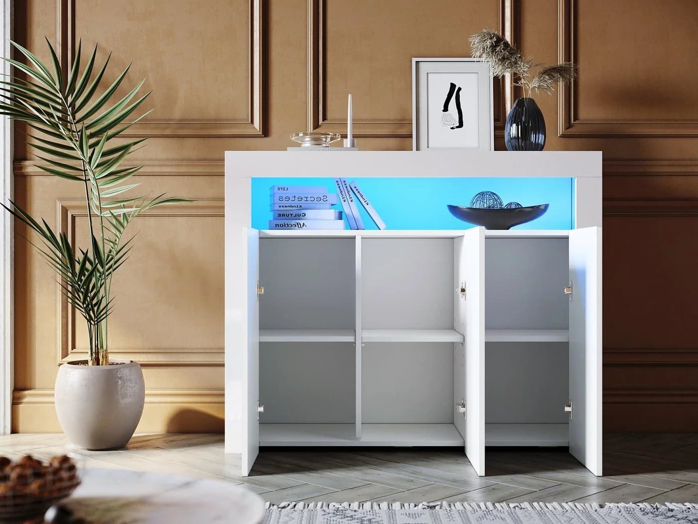 SONNI Kommode Sideboard Weiß Hochglanz mit LED Beleuchtung