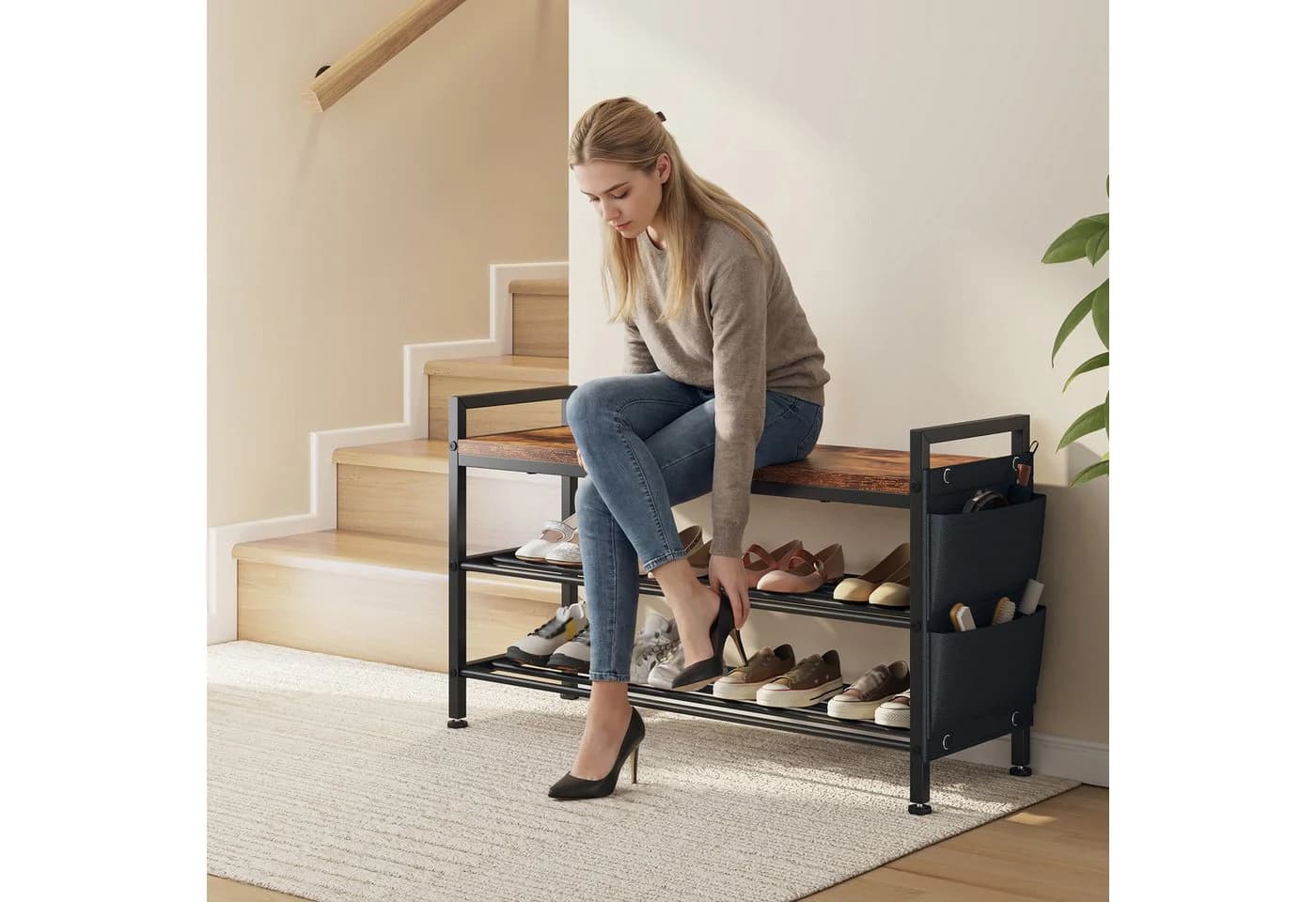 Klyvvo Schuhregal schmal mit Sitzfläche 3 Ebenen Vintagebraun-Schwarz