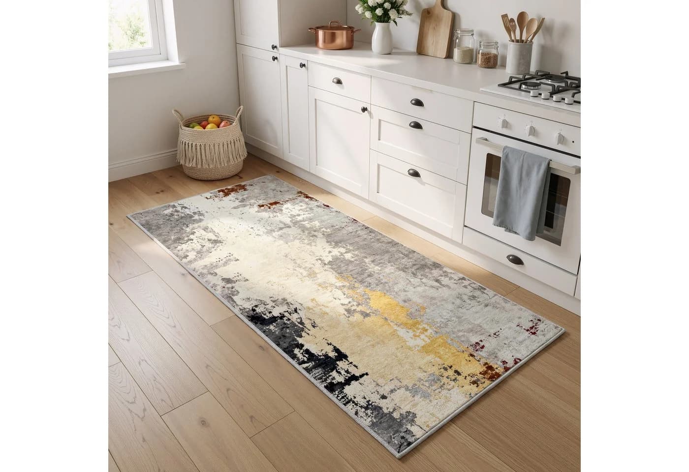 Klyvvo Boho Abstrakt Teppich Kurzflor Rutschfest Gold Grau Braun
